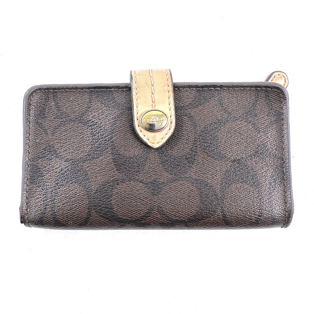 Coach Brown Signature Coated Canvas Small Wallet Logo Snap Flap Tan Leather